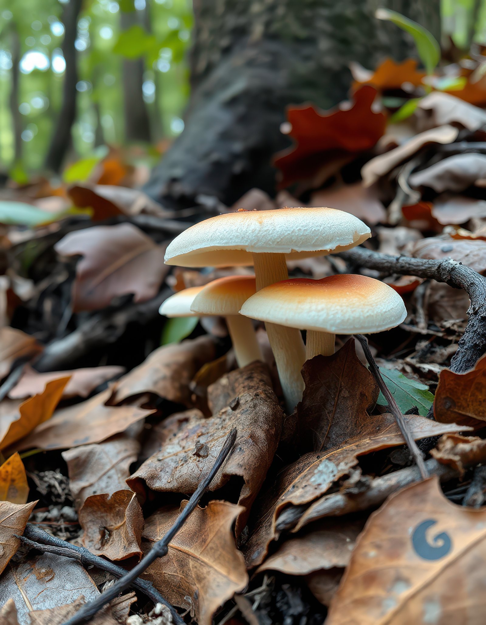 Colorful mushrooms grow among brown autumn leaves in a serene forest setting during fall
